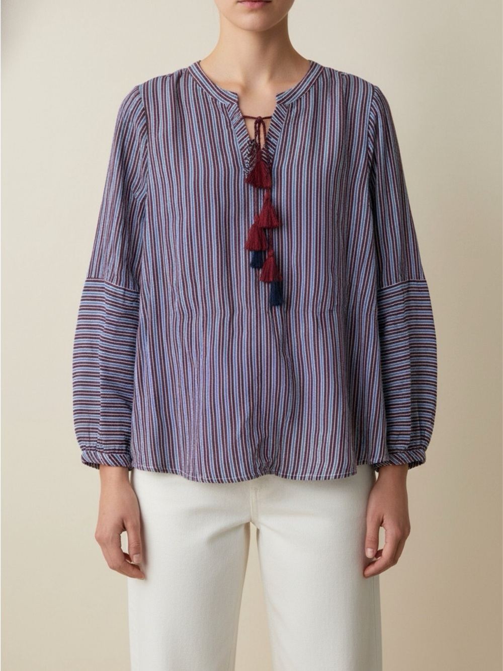 Striped Tassel Peasant Top in Multi-Color
